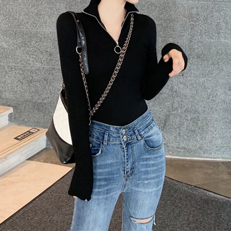 Autumn and Winter Style Plus Size Women's Half-high Neck Ring Zipper Short Tight-fitting Slim-fitting Bottoming Knitted Casual Sweater Femme