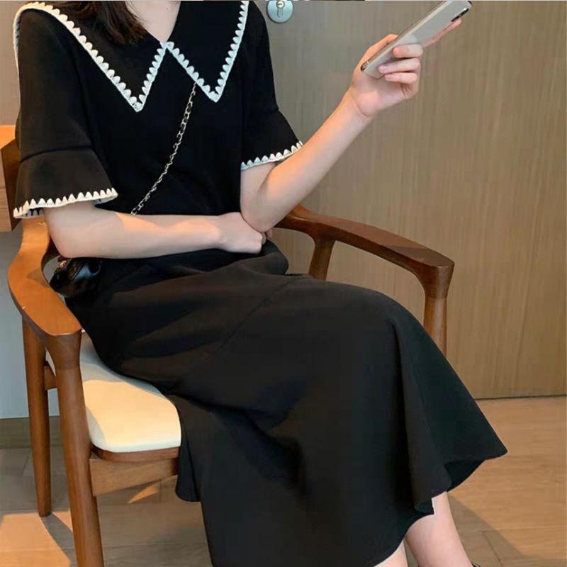 Women's Spring and Summer Simple French Elegant Retro Large Slim Black Long Dress