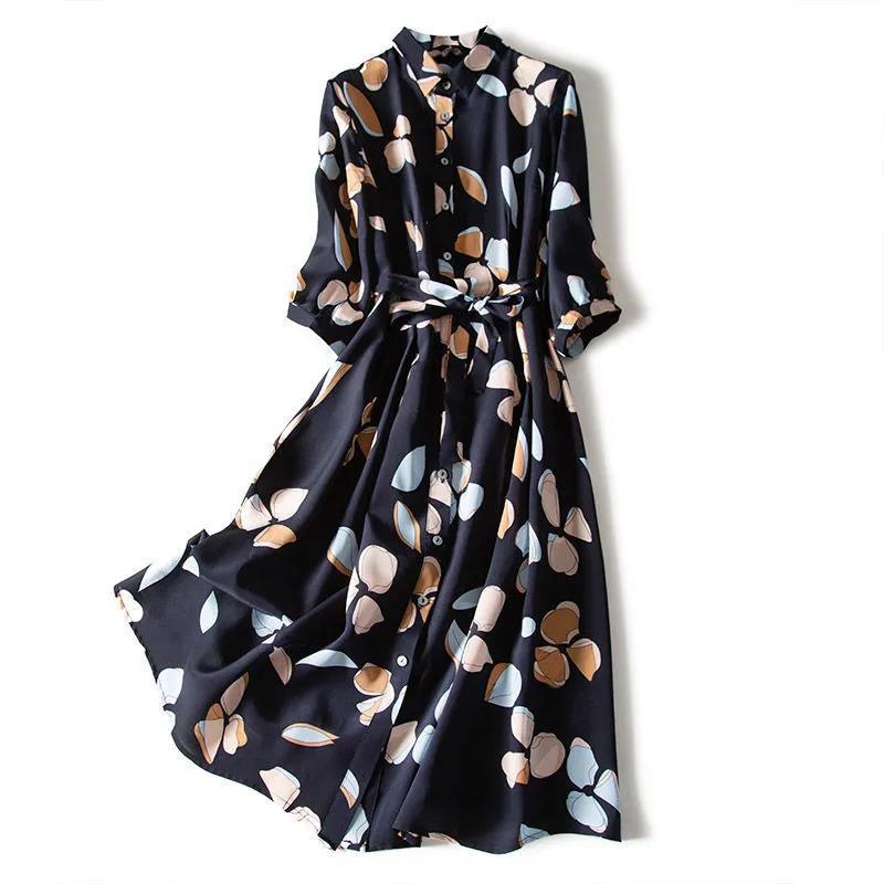 Large Size M-XXXXL Chiffon Print Shirt Dress Summer Turn-down Collar 3/4 Sleeves Lightweight and Breathable A-line Dress