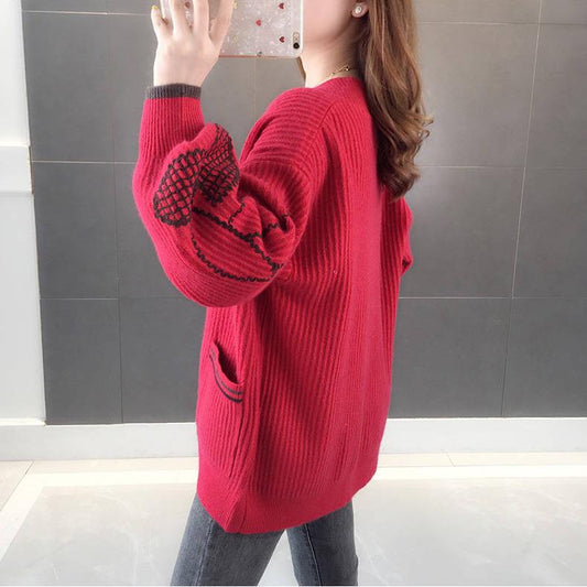 Women's Embroidered Knit Cardigan Loose Mid-length Knitted Sweater Coat Fashion