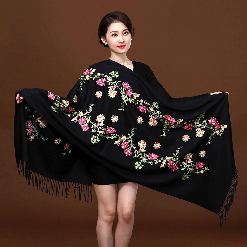 Red Embroidered Scarf Female Ethnic Style Thick Double-sided Warmth Shawl Dual-use Autumn and Winter Wild Long Section