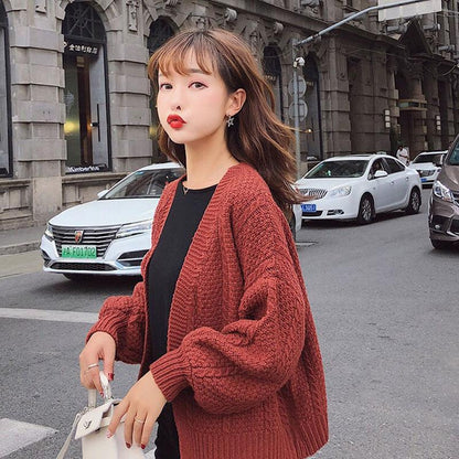 Spring and Autumn Temperament Knitted Sweater Loose Wild Cardigan Shirt Lantern Sleeves Buttonless Female Jacket