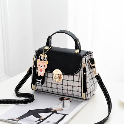 Crossbody Bag Ladies Black PU Leather Waterproof Large Capacity Lattice Bear Handbag Shoulder Bags