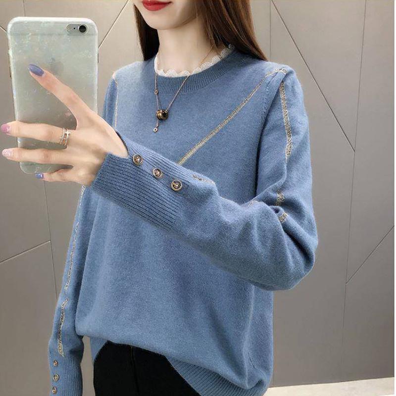 Pofulove Women Lace Round Neck Button Long Sleeve Sweater Slim Warm Pullover Undershirt Sweatshirts