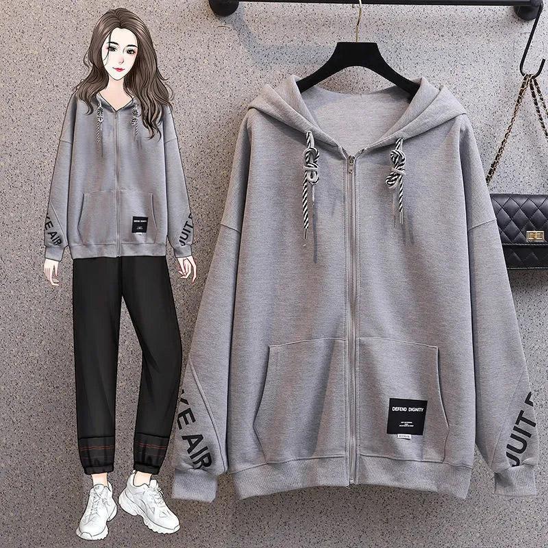 Women's Hooded Zipper Cardigan Spring/Summer Loose Thin Jacket Korean Style Student Versatile Grey High Street Couple Wear Sweater Casual Slim Coat