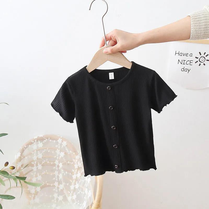 Baby Girl 2021 Summer Solid Color Short-sleeved Buttons Corrugated Kids Children's T-shirt Girls Children's T-shirt 0-4T