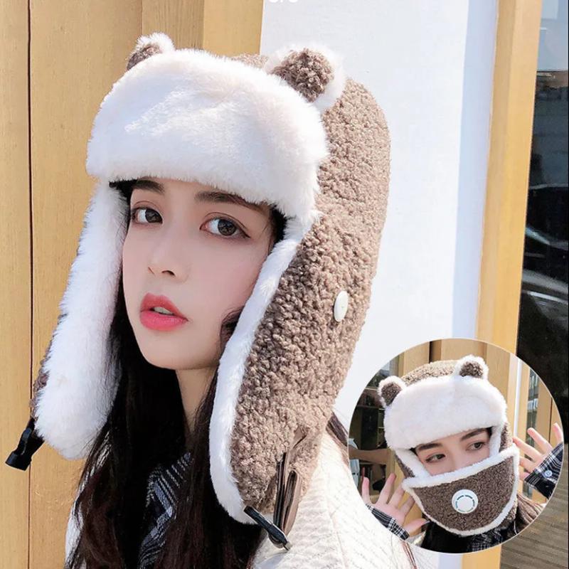 Women's Autumn and Winter Hats Detachable Warm Cold Proof Cycling Hats Ear Protection Thickened Windproof Cute Bear Ears Cap Warm Mask with Air Valve