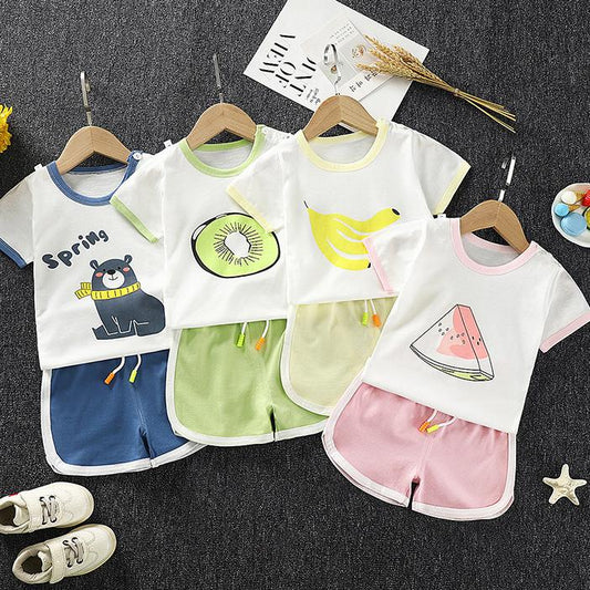 Children's Short Sleeve Suit Korean Style Printing Boys and Girls' T-shirt and Shorts Two Piece Set