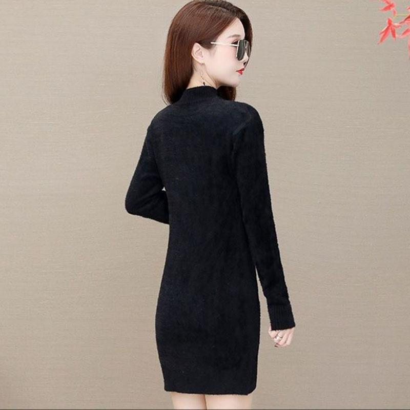 Autumn and Winter Mohair Knitted Sweater Half High Neck Thick Loose Bottoming Shirt Mid-length Casual Women Sweater Dress