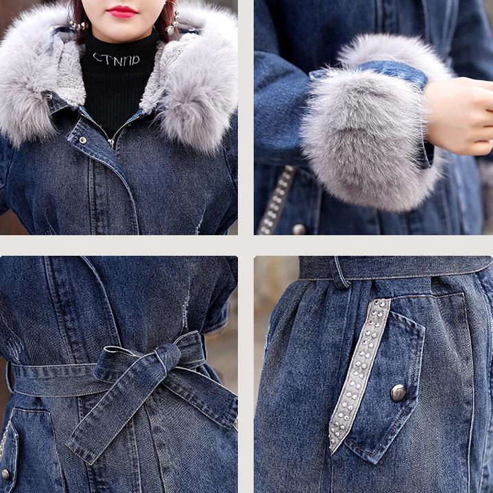 Denim Jacket Women Winter Jeans Jackets and Coats Fur Collar Hooded Thick Plush Warm Parka Casual Loose Jackets Mid-length Outwear Medium Long Clothes