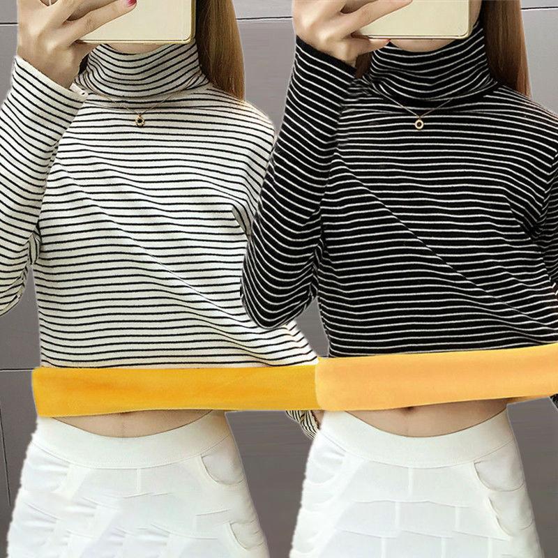 Thicken Plus Velvet Thermal Clothing Women's Underwear Tight-fitting High-neck Striped Winter Bottoming Shirt One-piece Gold Velvet Top