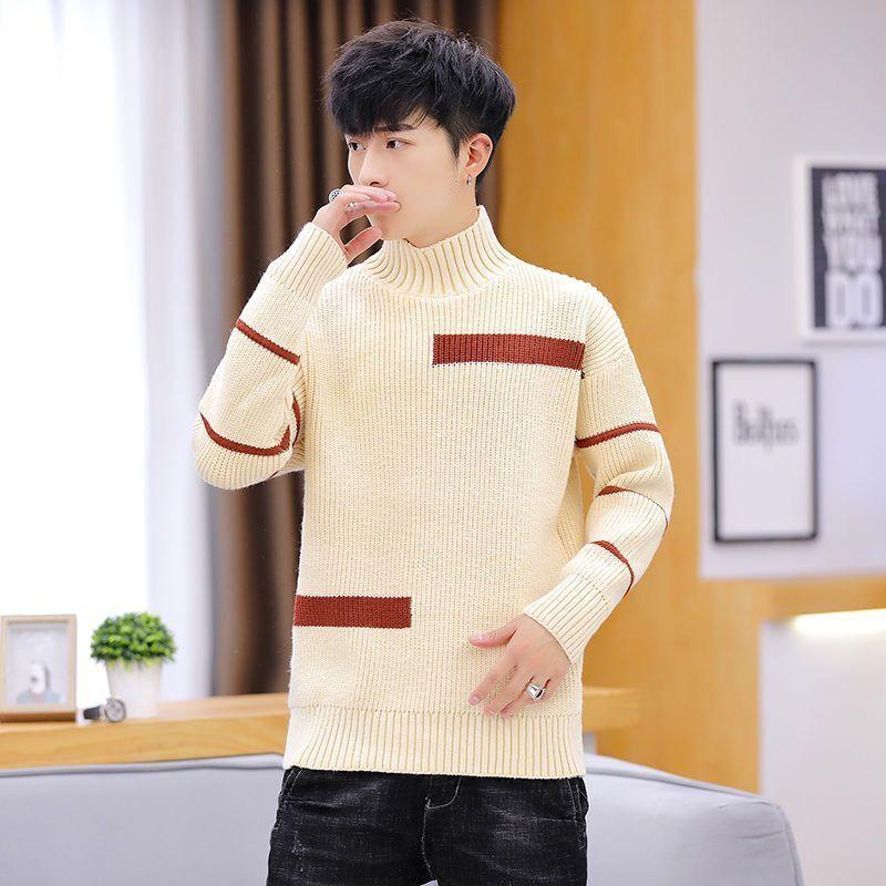 Spring and Autumn Striped Casual Round Neck Sweater Personalized Half High Neck Splicing Color Sweater