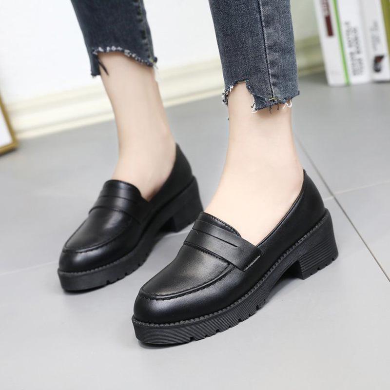 Small Leather Shoes Thick Heels All-match Work Work Professional Black British Style Lazy Shoes Single Shoes Women's Soft Uppers