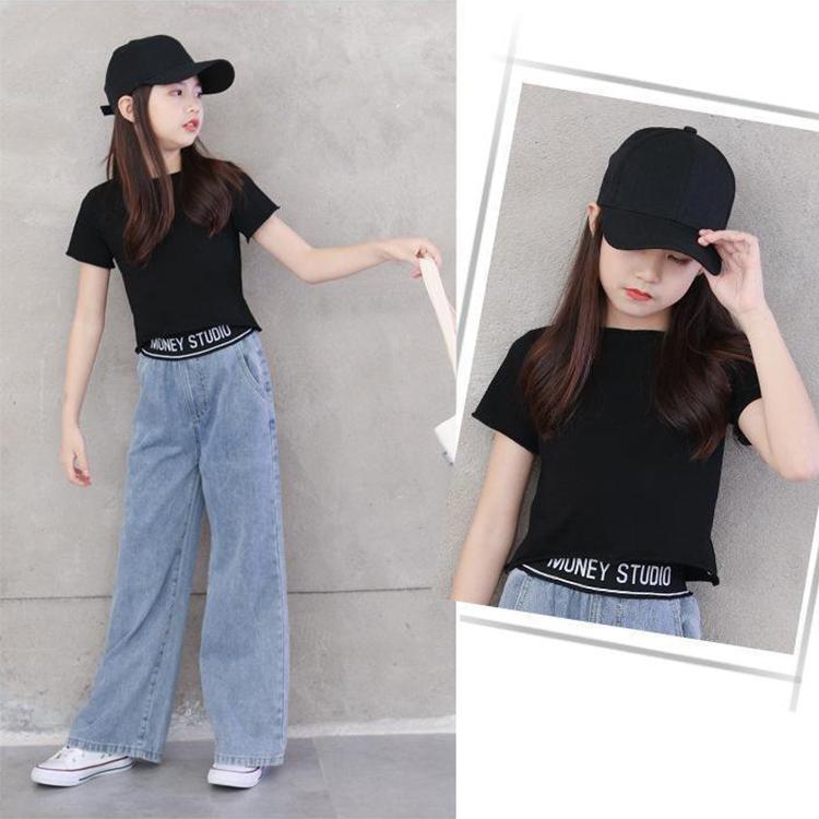 2PCS Children Clothing Set Spring Summer Girls Suits Solid Color High Waist Short Sleeve Tops + Wide Leg Pants Jeans Clothing Set