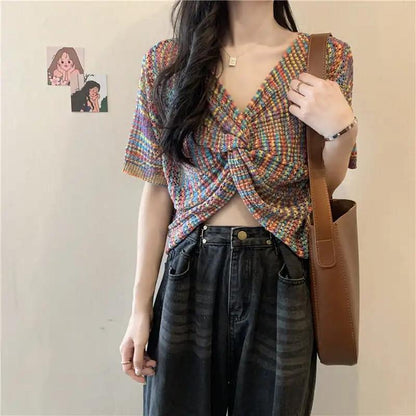 Knitted Short-sleeved Top Women's Summer Thin French Design Sense V-neck Kink Short Top Personality Trend Pullover Shirt Striped Colorful T-Shirt