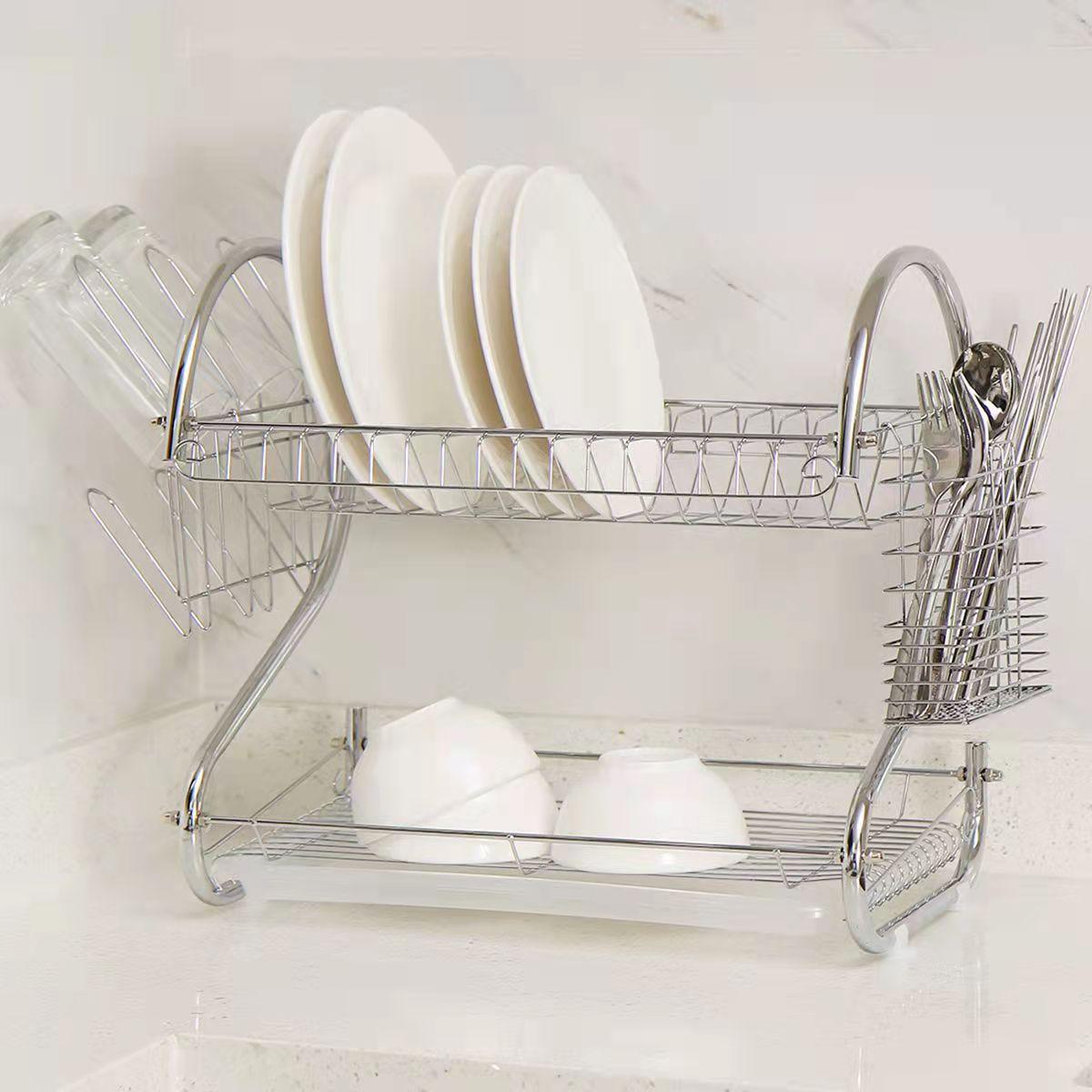 Steel 2 Tier Dish Drying Cutlery Stainless Drainer Drain Silver Tray Rack MH5R