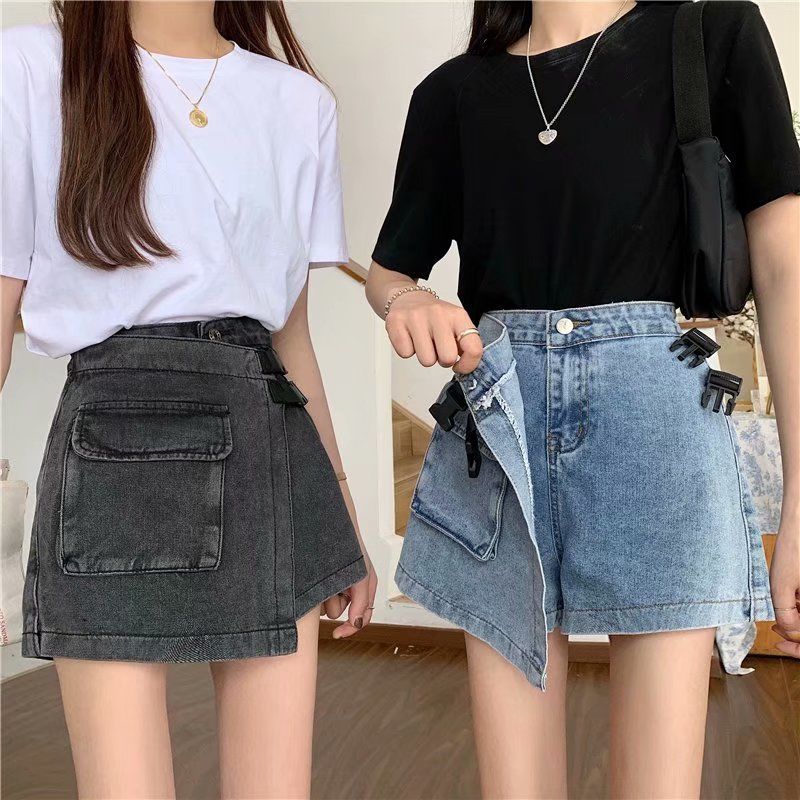 WTEMPO Big Pocket Irregular High Waist Denim Shorts Women Loose Wide Leg A-line Casual Shorts