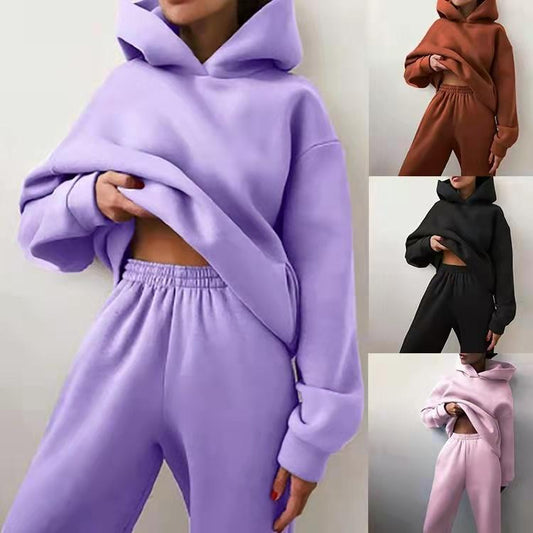 2PCS Solid Color Casual Sweater Suit Autumn and Winter Sports Trousers Hooded Sweater Two-piece Set Athletic Clothing Tracksuits for Women