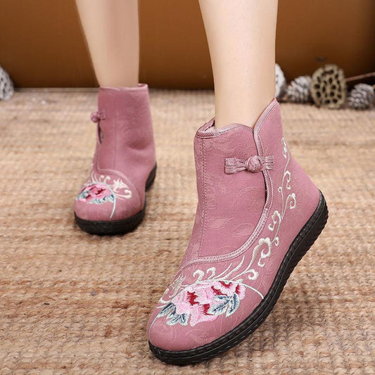 Winter Embroidered Cotton Boots Women Plus Velvet To Keep Warm Ethnic Style Embroidered Cotton Shoes Women Mid-boots