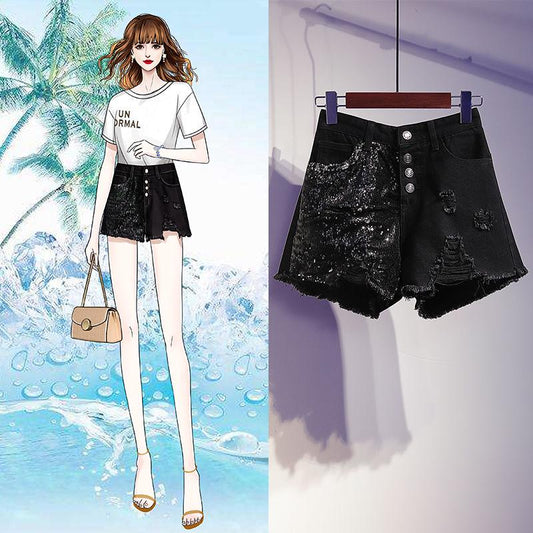 WTEMPO Summer Large Size Denim Shorts Female Sequins Were Thin High Waist Raw Edge A Word Wide Leg Pants