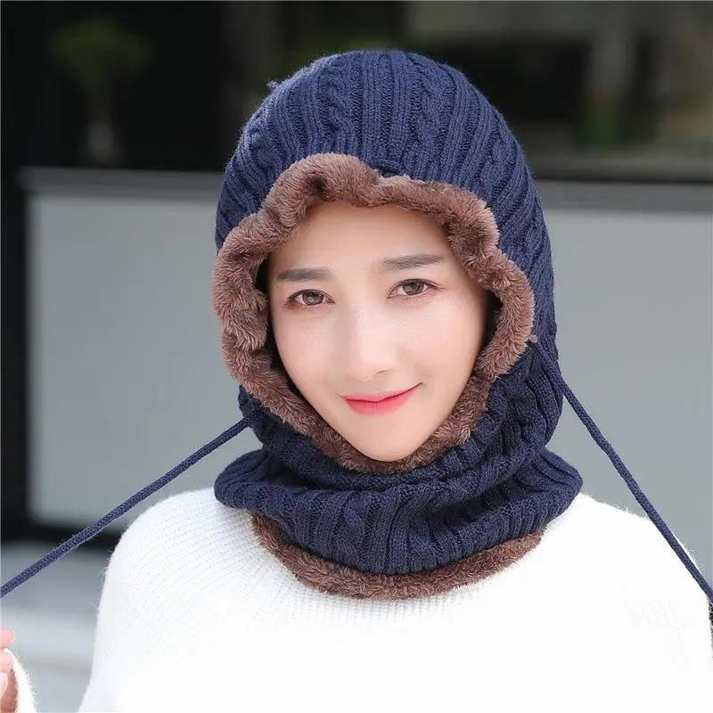 Women's Knitted Winter Hats Warm Skullies Beanies Pompoms Winter Caps for Women Winter Thick Beanies Caps One Piece Scarf Hats Set Facial Protection