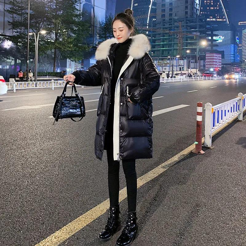 Down Jacket Women Mid-length Imitation White Duck Down Large Fur Collar Small Fragrant Black Thick Coat In Winter