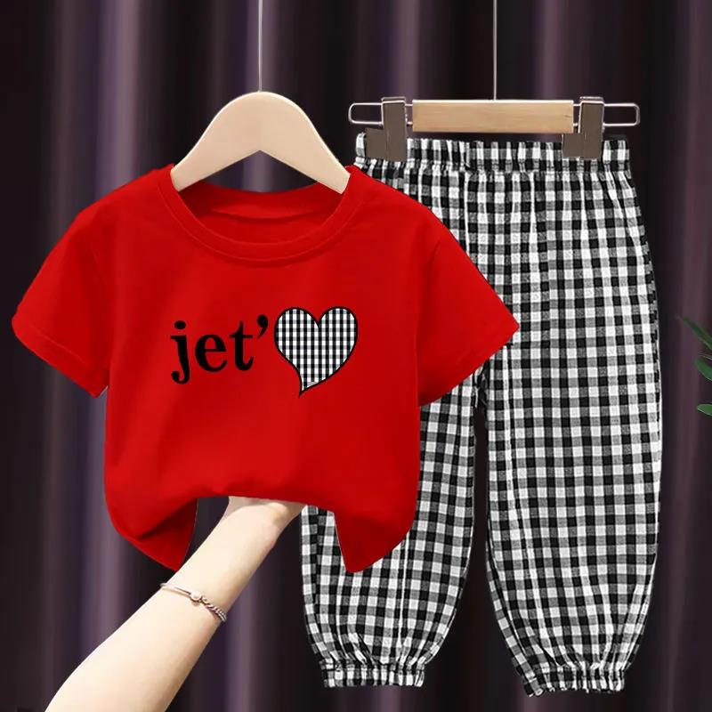 Girls Suit Summer Children's Clothes Thin Section Children's Clothing Printed Short-sleeved Plaid Pants Loose and Comfortable Two-piece Set