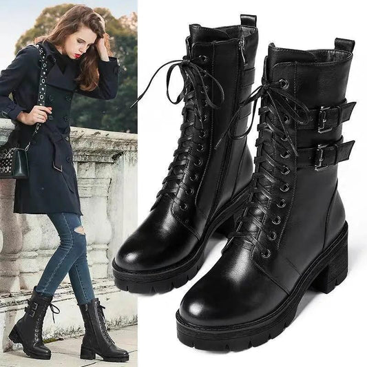 Martin Boots Woman Spring and Autumn Thick with British Style Korean Style Single Boots Rivet Shoes Black Boots