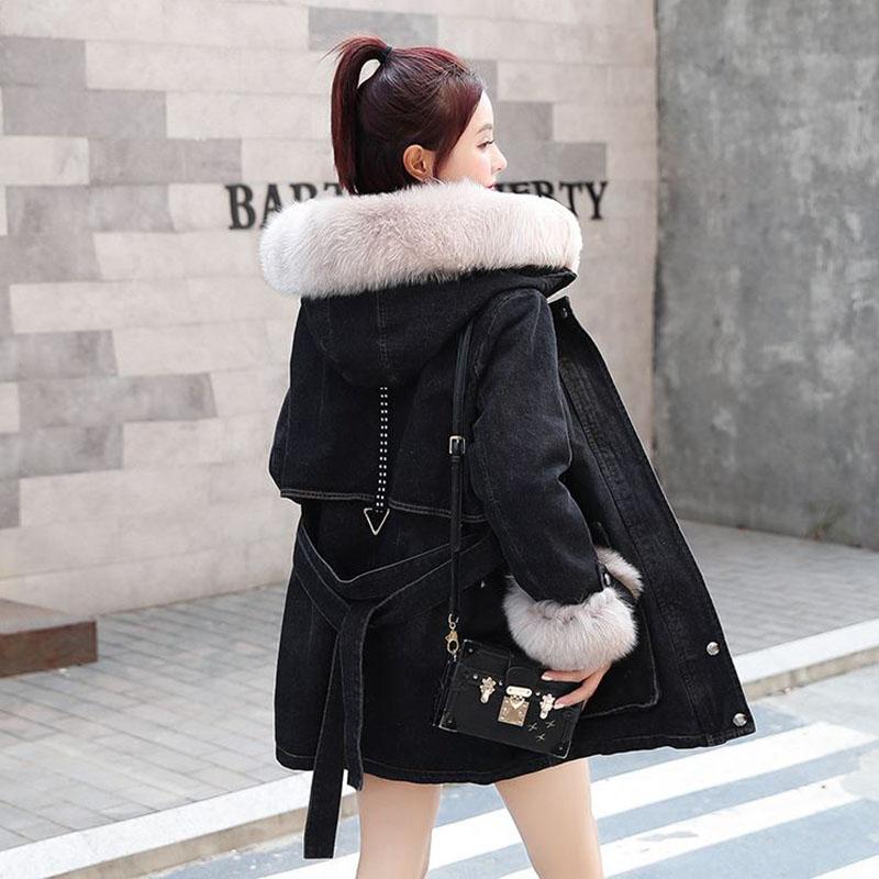 Ladies Winter Jacket Cashmere Thick Denim Hooded Coat with Big Fur Collar Parka