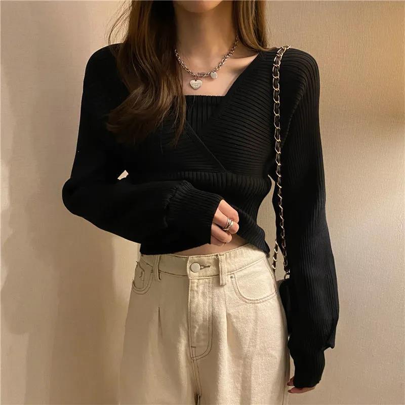 Design Sense Square Neck Bottoming Shirt Short Wild Sweater Puff Sleeve Knit Sweater Women's Temperament Knitted Top