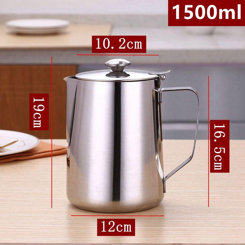 Milk Frothing Pitcher Jug with Lid and Measurment - Upgraded Thicken 304 Stainless Steel Measuring Cups Coffee Foam Container