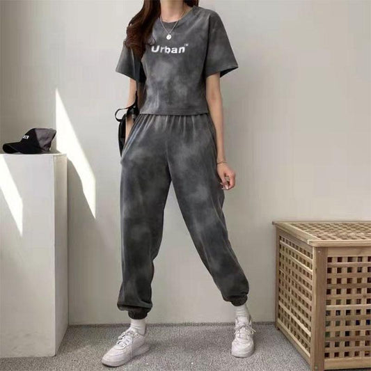 2PCS Women's Casual Suit Summer Korean Version Loose Tie-dye Sportswear Fitness Suit Two-piece Short-sleeved T-shirt Wide-leg Trousers Suit