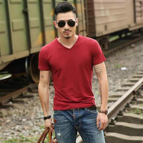 Summer Solid Color Men's Short-sleeved T-shirt V-neck Half-sleeved Top White Men's Bottoming Shirt Slim T-shirt Trend