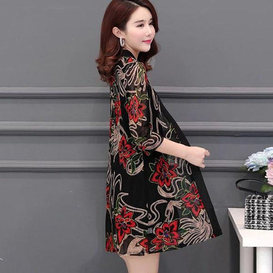 M-5XL Women's Spring and Summer Plus Size Lace Cardigan Female Printed Mid-length Shawl Slim Hollow-carved Design Thin Coat