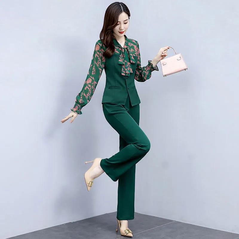 Professional Suit Temperament Was Thin Wide-leg Pants Two-piece Long-sleeved Waist Chiffon Shirt Loose Suit Pants Ladies Temperament Suit