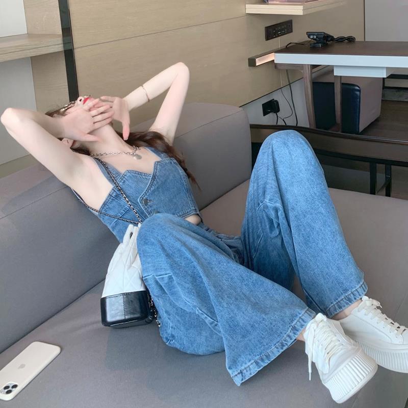 2PCS Denim Suit Women's Short Small Camisole Tube Top Top + Mopping Trousers High Street Two-piece Elegant Ladies Suit