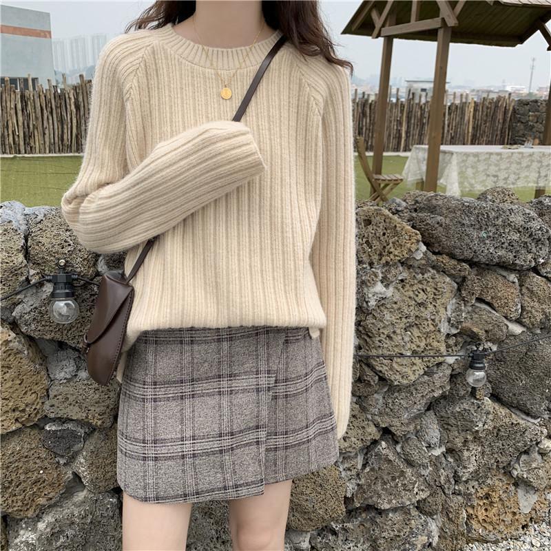 Autumn and Winter Loose Jacket Mid-length Casual Solid Color Sweater Round Neck Pullover Young Women's Top