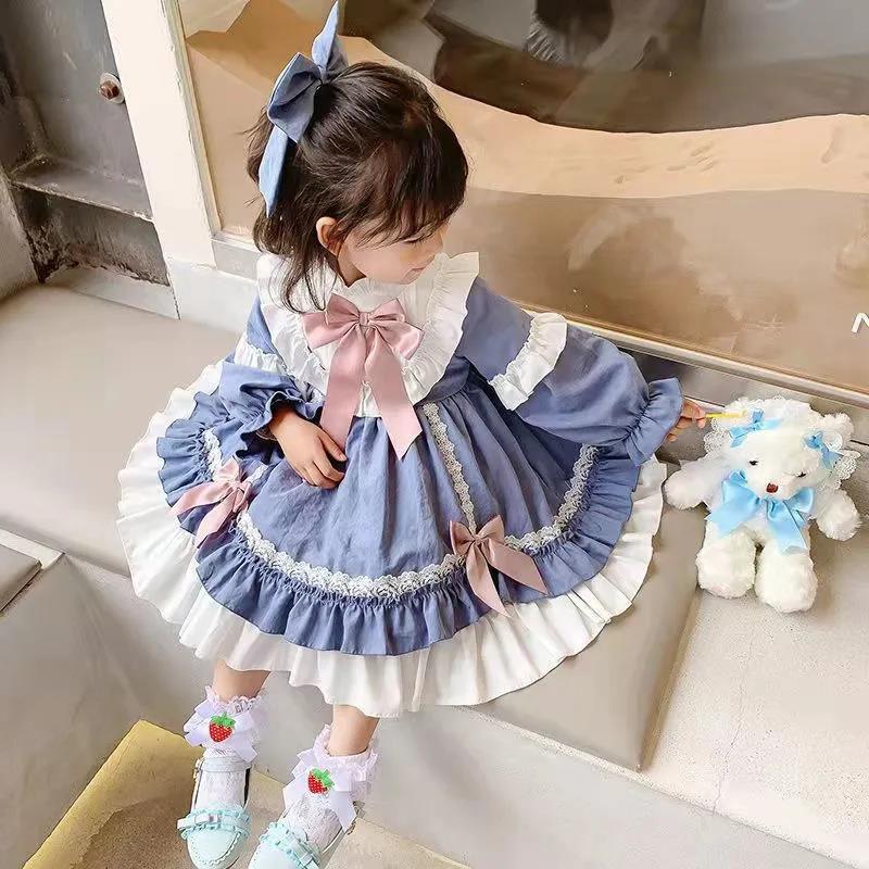 Girls Dress Lolita Children's Princess Dress Sky Blue Stitching Cute Little Girl Sweet Tutu Skirt Vintage Lace Dress