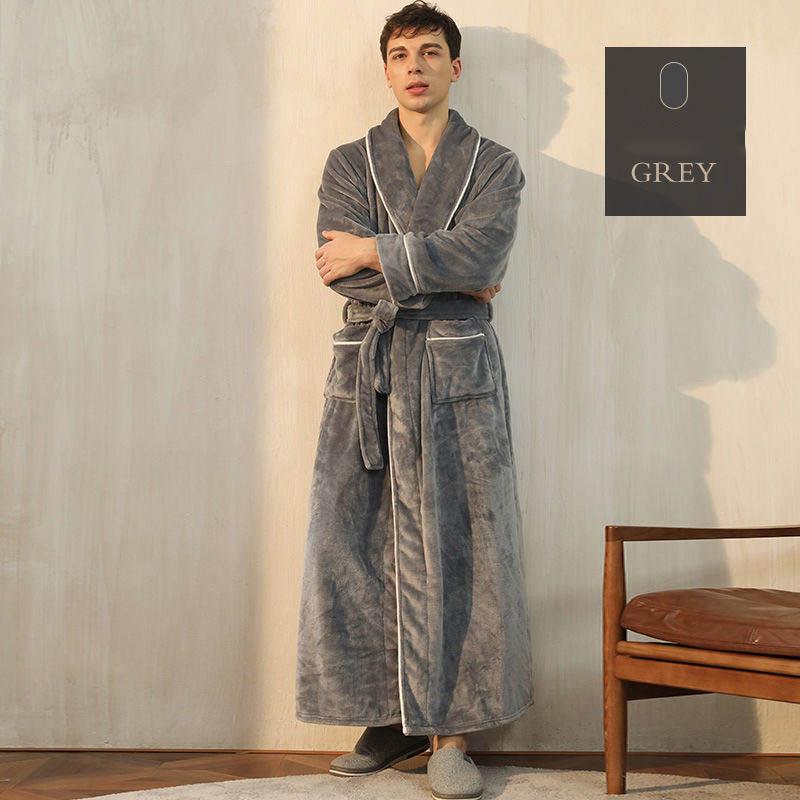 Autumn and Winter Flannel Nightgown Men's Flannel Lengthened Thick Bathrobe Men's Winter Coral Fleece Naked Pajamas