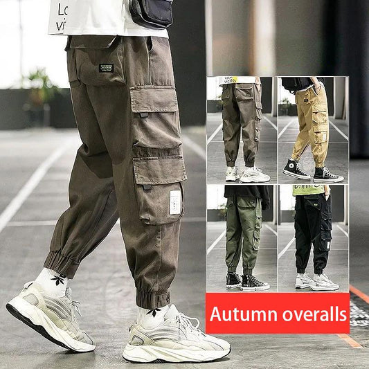 Men's Overalls Trendy Loose Casual Trousers Autumn Thin Multi-pocket Drawstring Feet Trendy Brand Men's Trousers