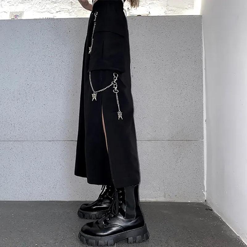 Women Long Black Skirt Elastic High Waist Streetwear Skirts Girl's Loose Casual Skirt Club Split Butterfly Chain Skirts