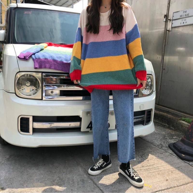 Pofulove Sweet Rainbow Striped Sweater Female Korean Lazy Loose Hit Color Pullover Sweater Coat