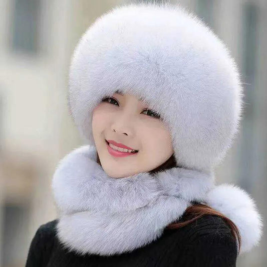 Women's Snow Hat Autumn Winter Faux Fox Fur Hat Scarf Integrated Mongolian Hat Warm Hat Female Long Plush Fluffy Plush Fur Ball Cap Scarf Set