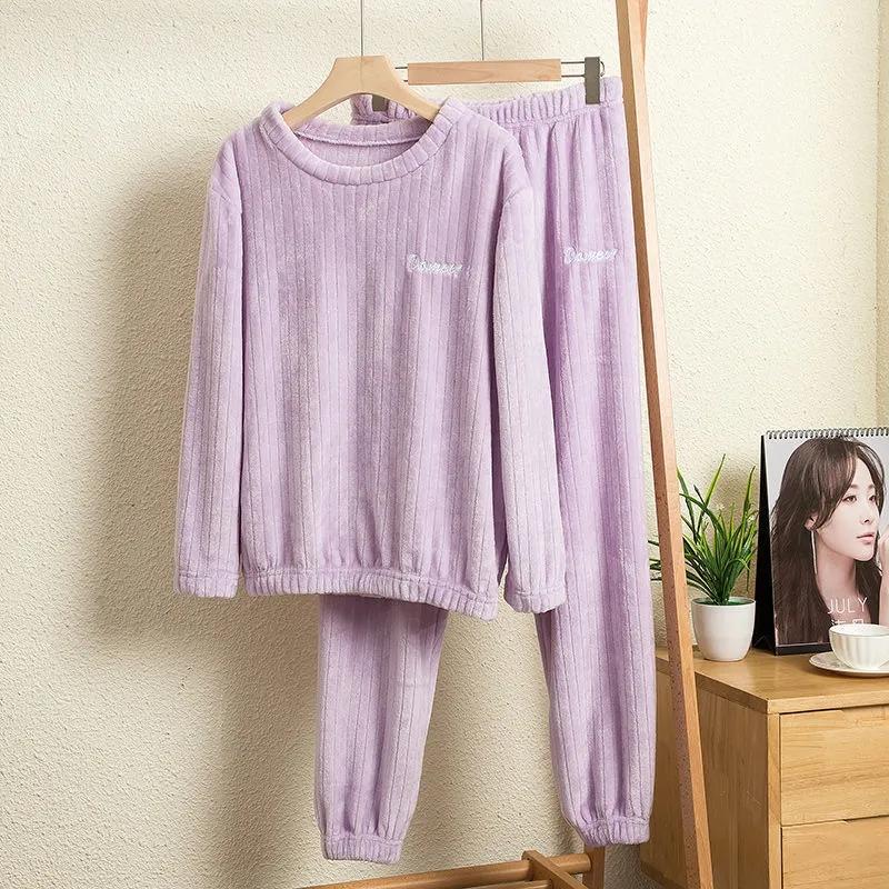 Winter Ladies Plus Velvet Embroidered Vertical Striped Pajamas Set Warm Long-sleeved Set Solid Color Outerwear Loose Home Wear Casual Outfit