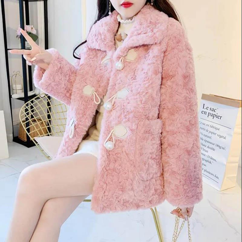 Winter Model Rabbit Plush Coat Female Korean Version Loose Horn Buckle Lamb Hair Western Style Faux Fur Coat