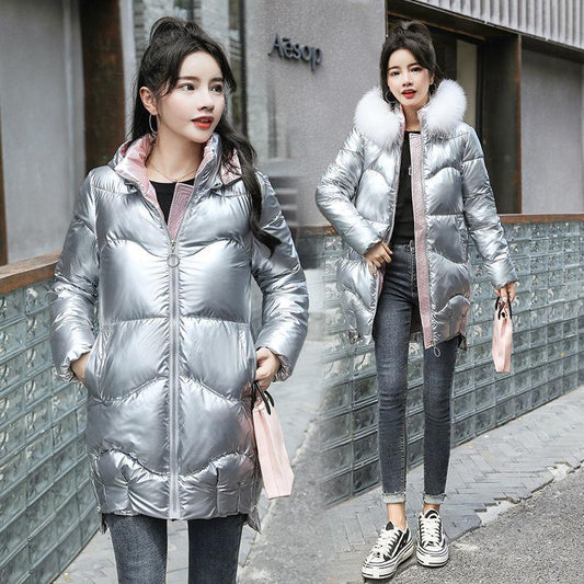 Winter Women Mid-length Parkas Jackets Casual Female Thicken Warm Hooded Jackets Coat Windprood Shiny Parka Coat with Fur Collar