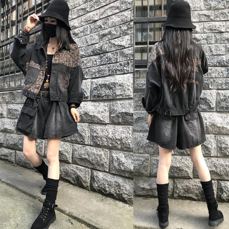 Vintage Black Leopard Women Denim Jacket Spring Harajuku Punk Jean Jackets Coat Boyfriend Loose Pocket Fashion Streetwear