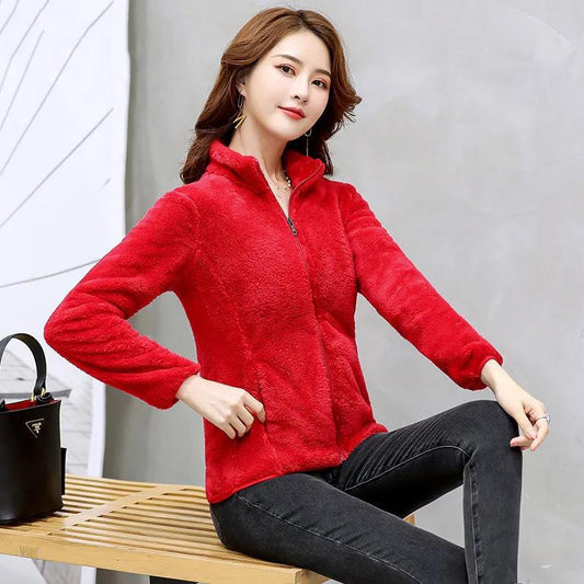 Autumn and Winter Plus Size Women's Jacket Long-sleeved Jacket Plus Velvet Thick Coral Velvet Warm Stand-up Collar Sweater