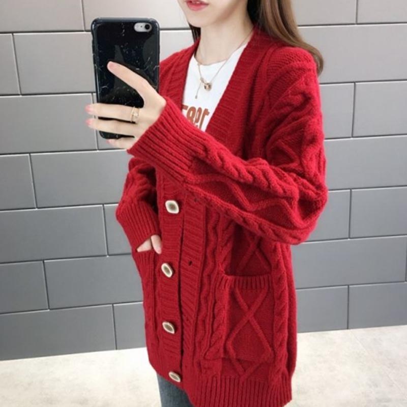 Sweater Cardigan Women's Spring and Autumn Loose Knitted Sweater Mid-length Casual Coat