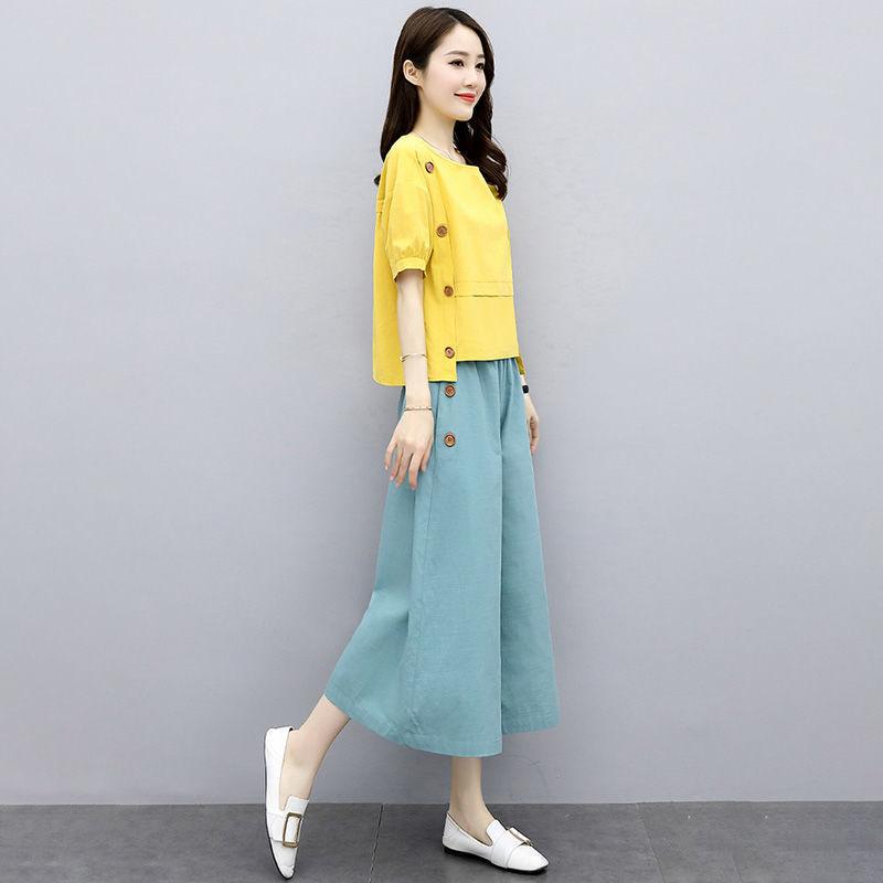 Suit Cotton and Linen Wide-leg Pants Suit Women's Summer Dress Retro Slim Casual Two-piece Casual Chinese Style